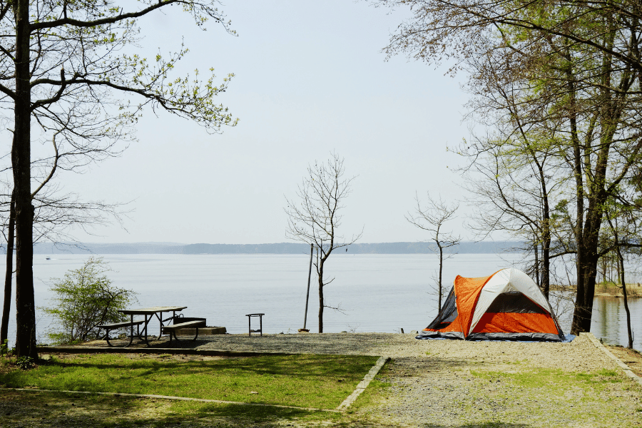 Campground at Jordan Lake in Raleigh with orange tent