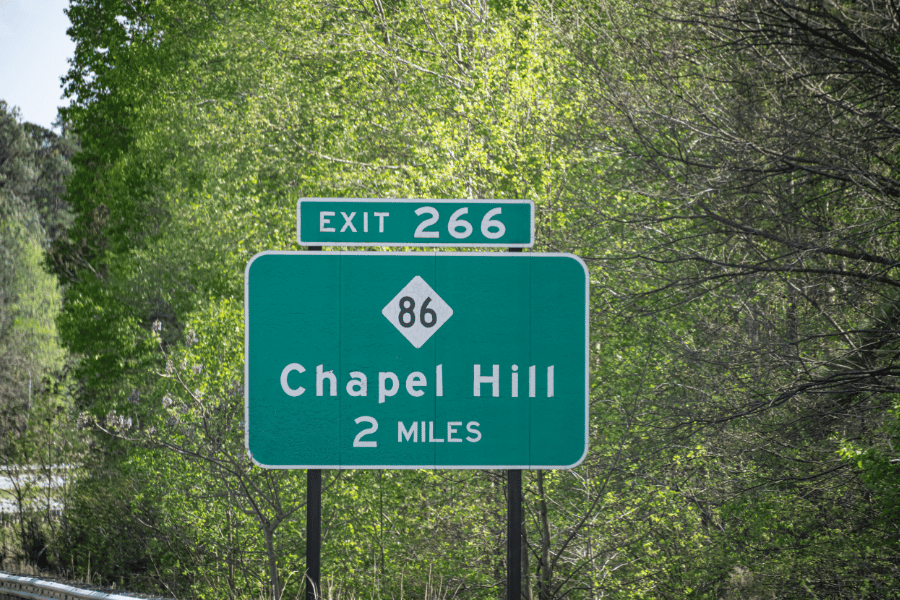 Chapel Hill road sign on the highway 