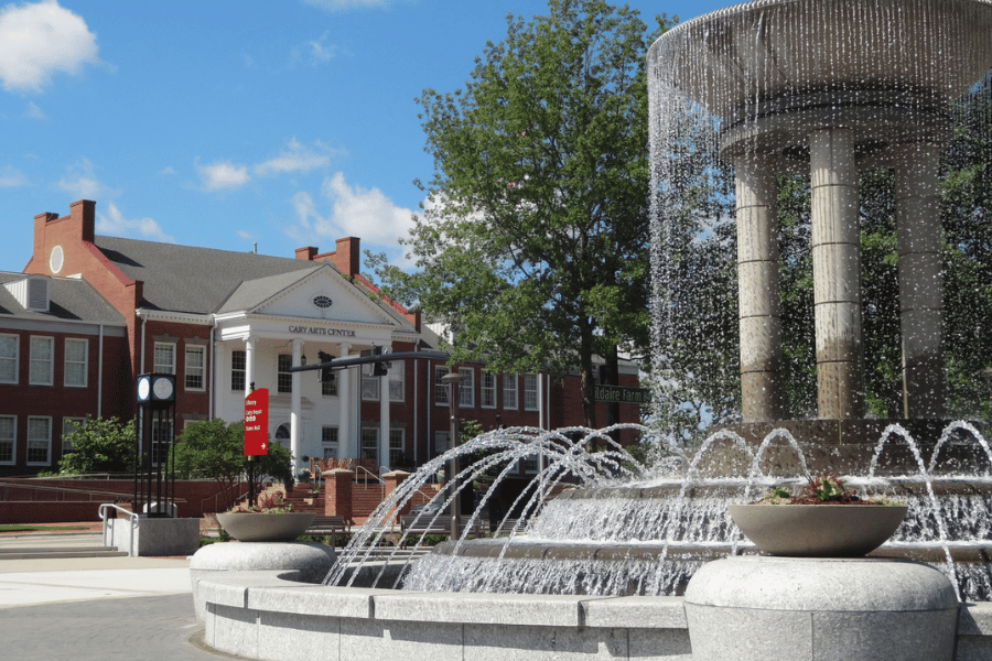 Downtown Cary, NC on a sunny day with fountain