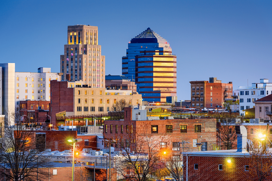 Durham, NC skyline at dawn with buildings and lights
