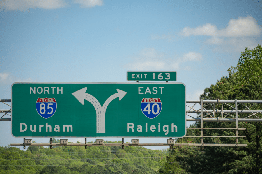 Durham and Raleigh, NC sign on the highway