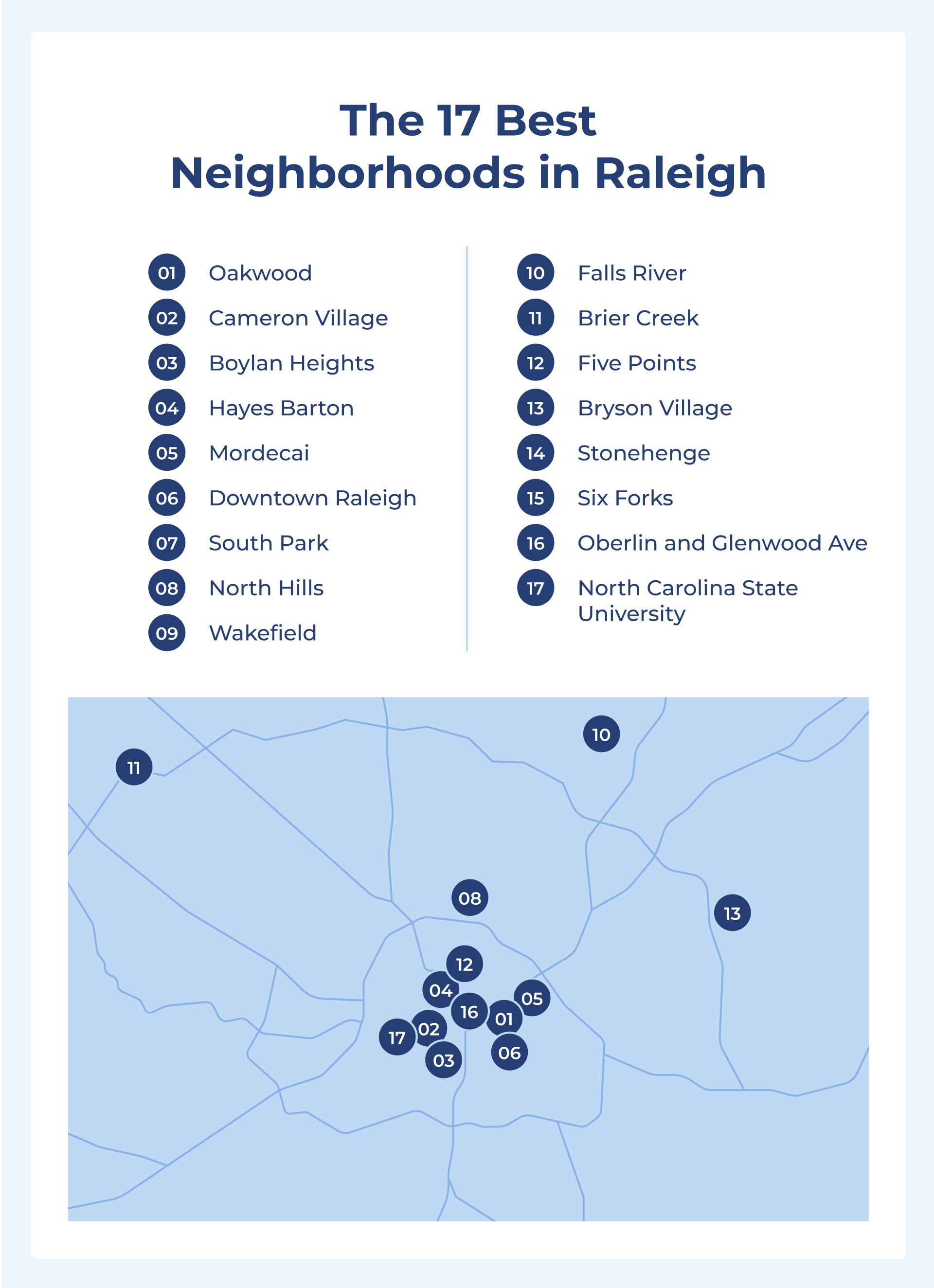 Map shows 17 of the best neighborhoods in Raleigh.