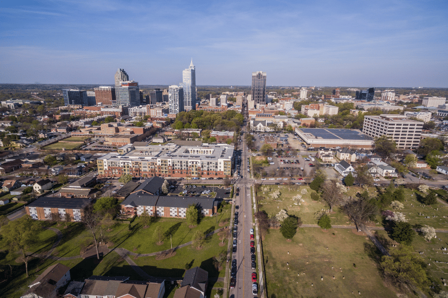Overhead shot of Downtown Raleigh, NC on a clear day