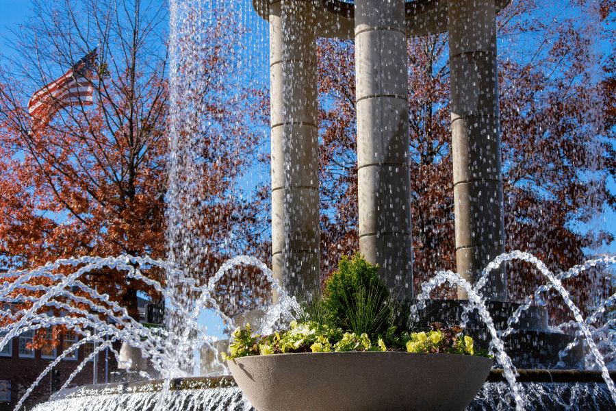 Downtown Cary, NC fountain on a sunny day 