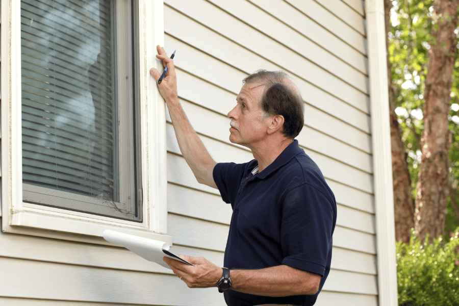 man conducting a home inspection looking at a window