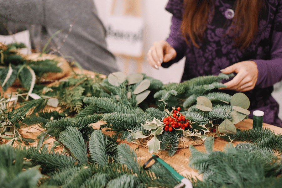 Handmade wreath making at christmas tree farm