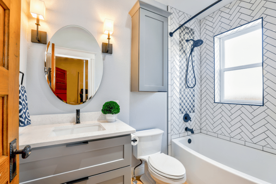 Beautiful bathroom remodel with new fixtures and bathtub