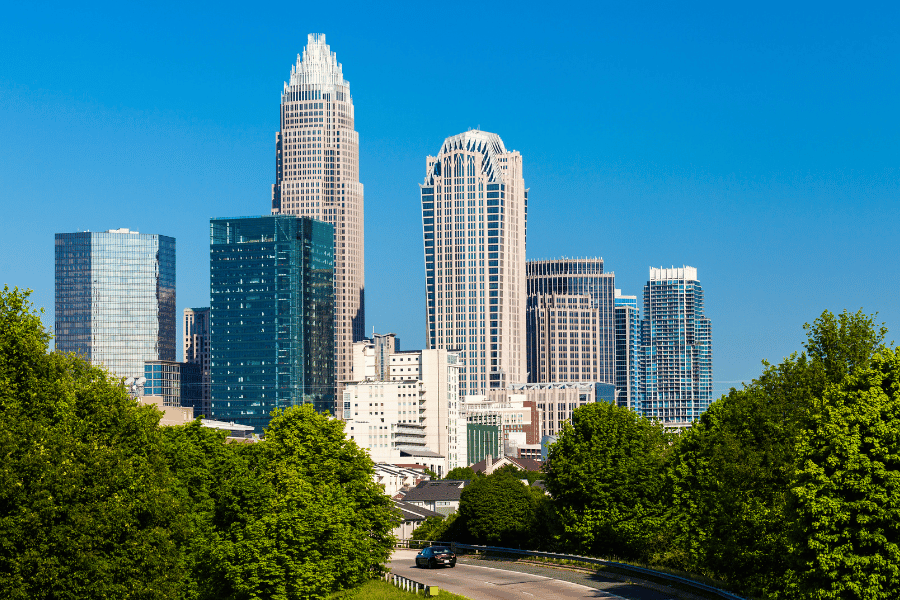 Road leading into downtown Raleigh NC and building view