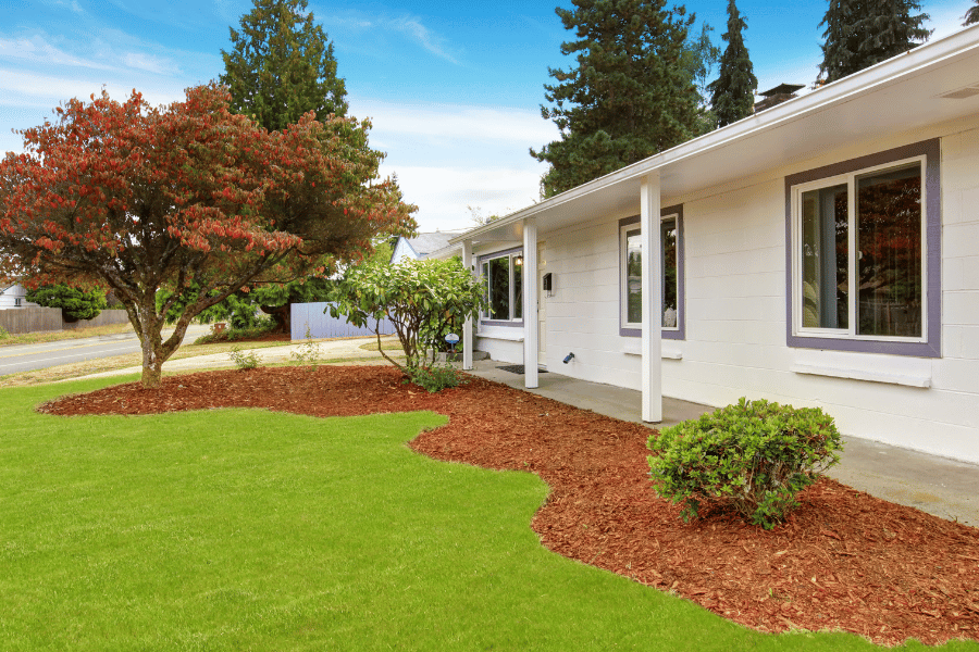 Clean and tidy front yard with green grass and fresh mulch